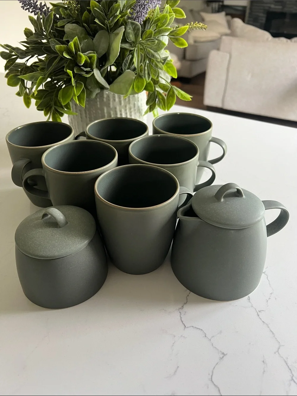 Crate&Barrel Matte Green Ceramic Tea Mugs with Sugar and Creamer